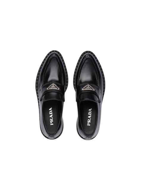 chocolate sharp brushed leather loafers prada|prada brushed leather monolith loafers.